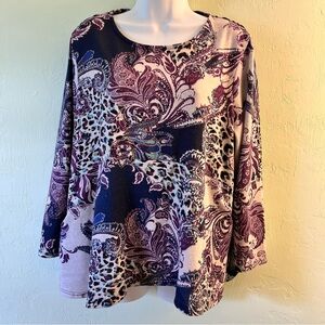 Chico's Paisley & Animal Print Long Sleeve Tunic - Purple, Cream, Black
